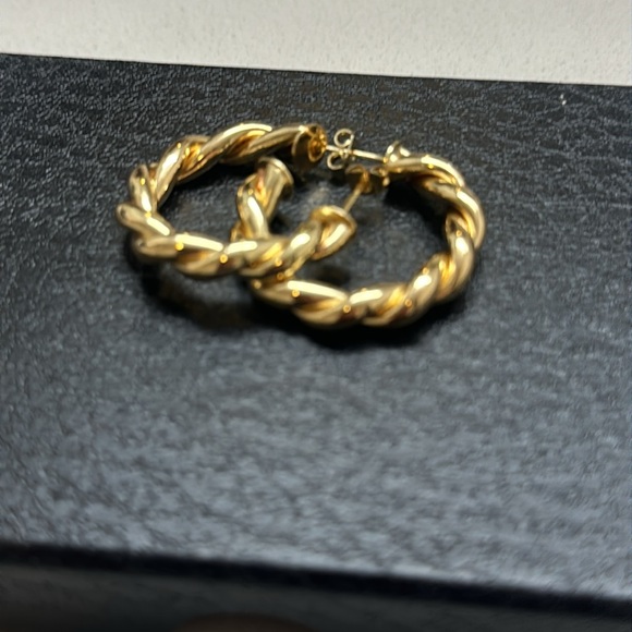 Gold Twisted Rope Textured Hoop Earrings - Picture 3 of 3